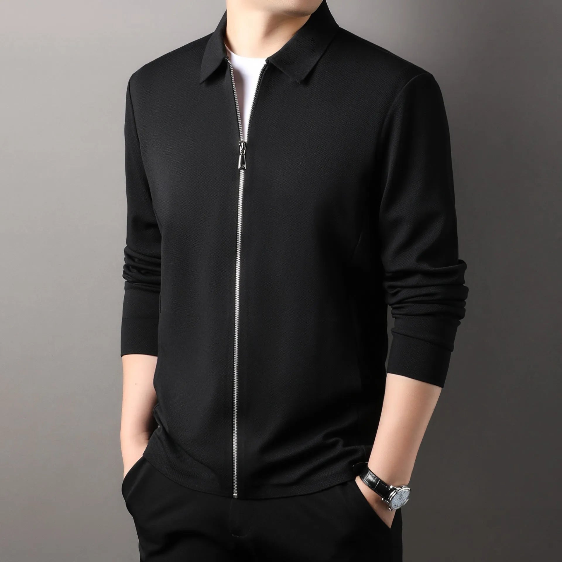 Men's polyester casual business jacket in black, dark grey or apricot with long sleeves