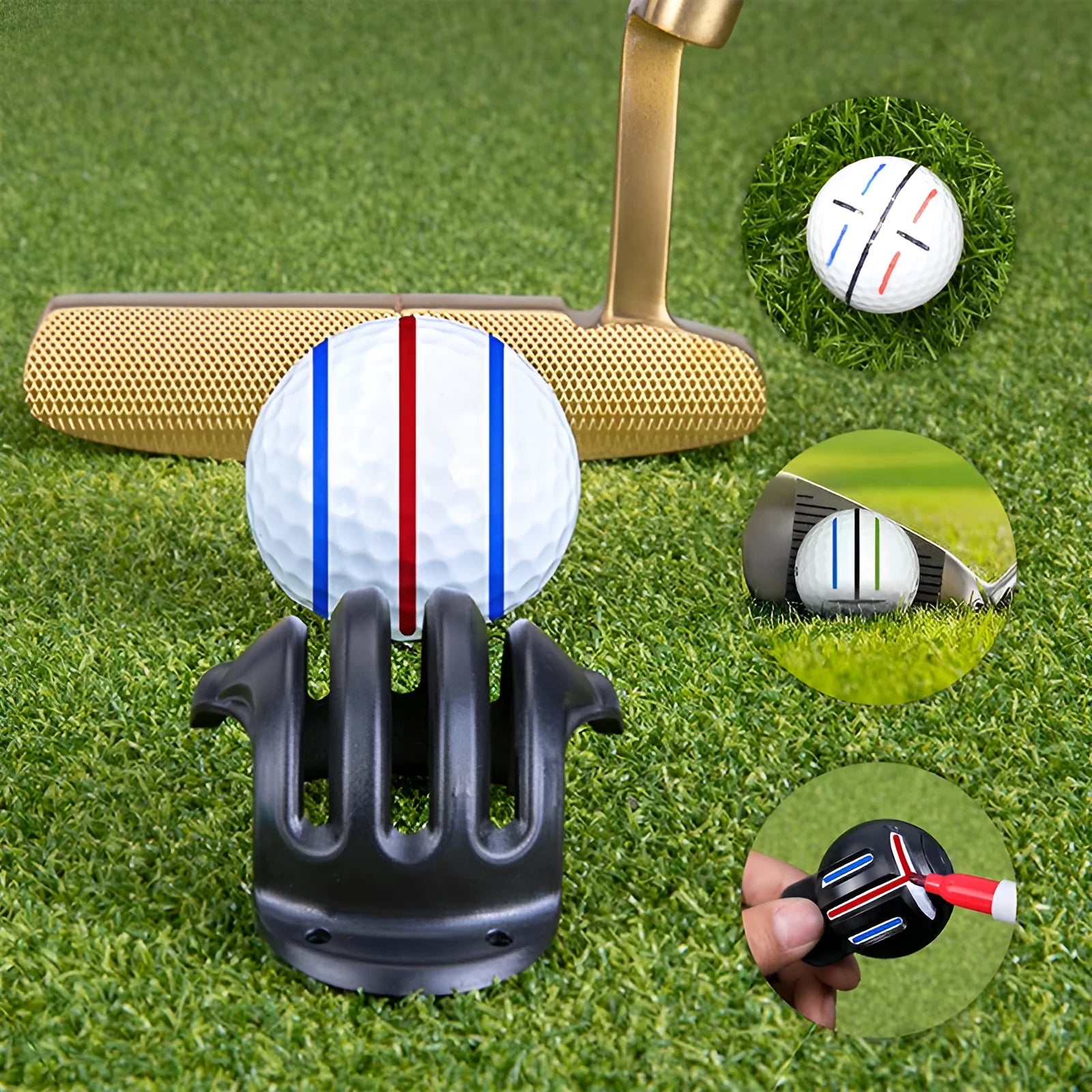 Outdoor golf scriber putter alignment tool set showing four plastic scribers and four drawing pens.