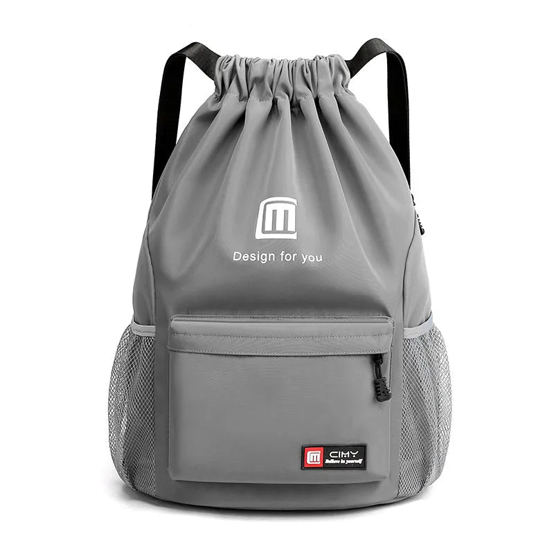 Oxford drawstring backpack in bucket shape with pull-cord closure and water-repellent fabric