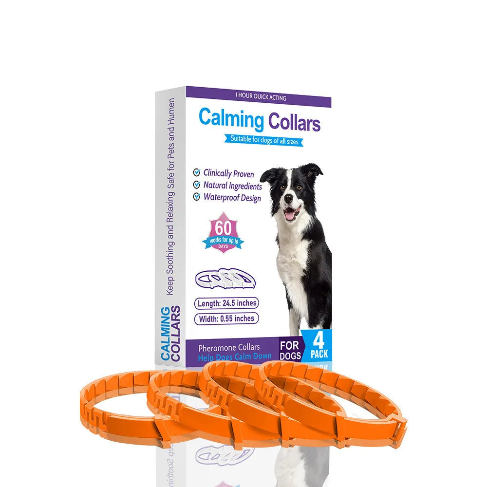 Set of four monochrome dog anxiety relief collars in assorted colours, showing soft TPR material and adjustable 62cm length.