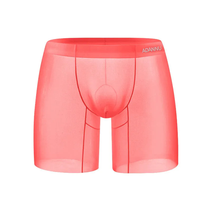Men's low-waist boxers in solid orange, pink, or red made from breathable ice silk nylon fabric.
