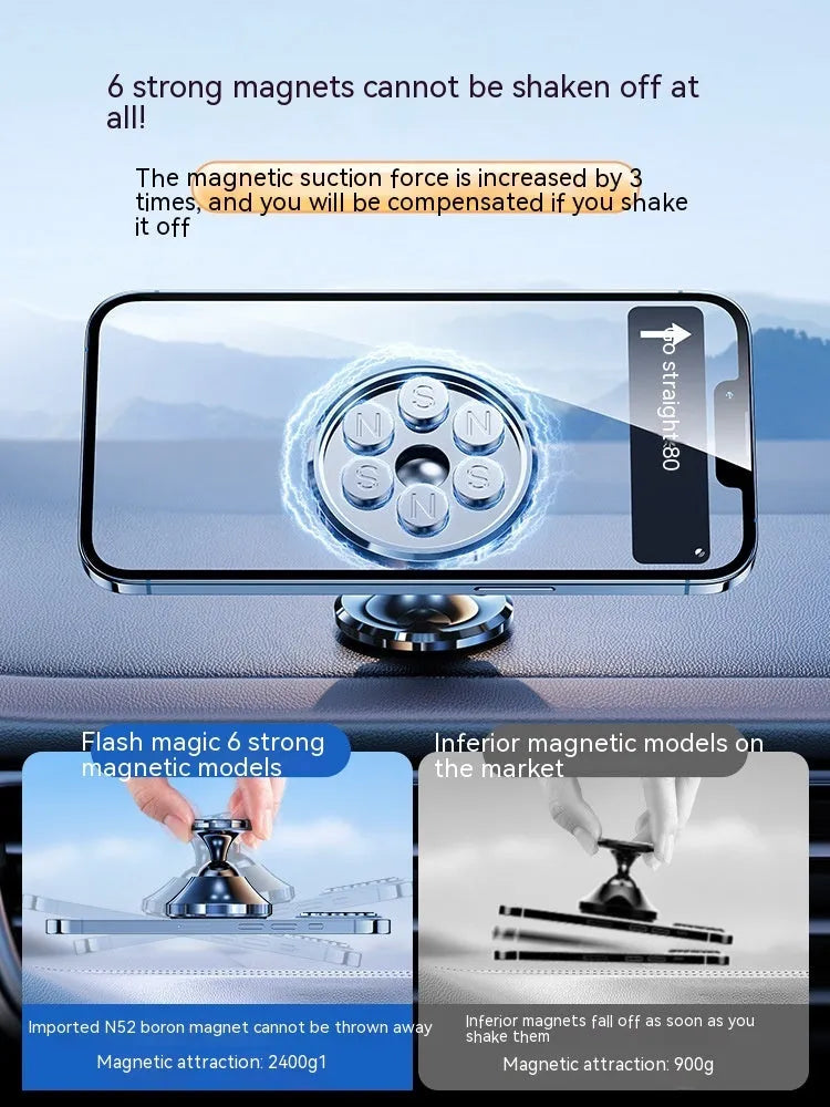 Shiny black magnetic car phone holder with alloy construction and dashboard adhesive mount