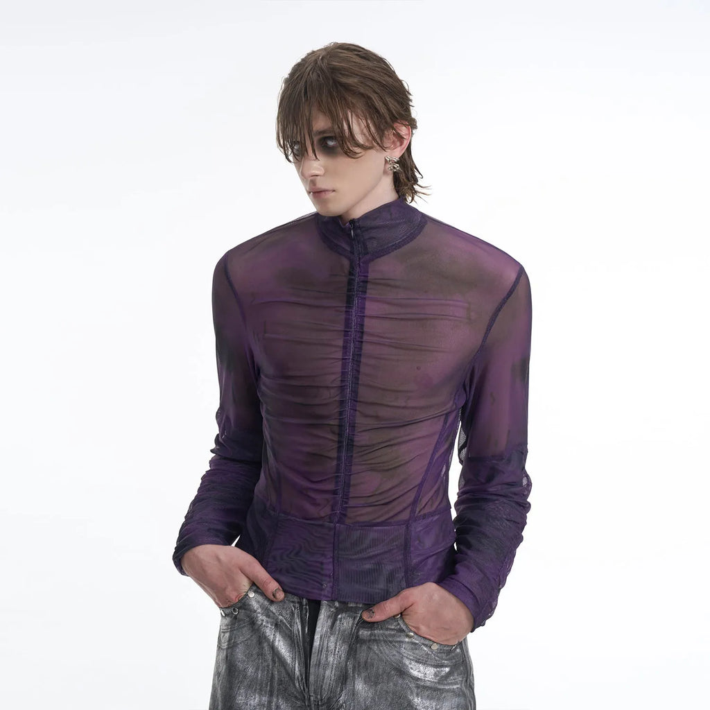 Men's black grey half turtleneck long-sleeved t-shirt with mesh zipper detail on the bottom hem.