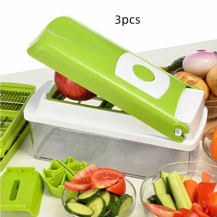 Green 12-piece manual food chopper set with stainless steel blades and ABS plastic body