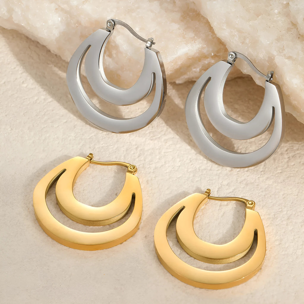 Geometric French earrings with round ring design in gold or steel metallic finish
