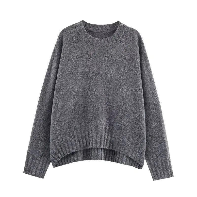 Women's grey ribbed knit cardigan sweater with stripe pattern, contrast colour and long sleeves, 50cm length