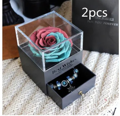 Eternal flower gift box with artificial roses, measuring 8.5cm wide and 10.5cm high