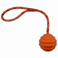 Multi-colour rubber pet training ball with rope knot design, 6x30cm size