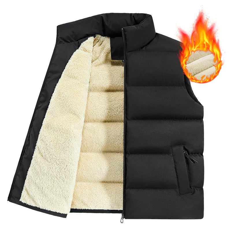 A striped men's sleeveless lambswool vest in black, shown on a hanger.