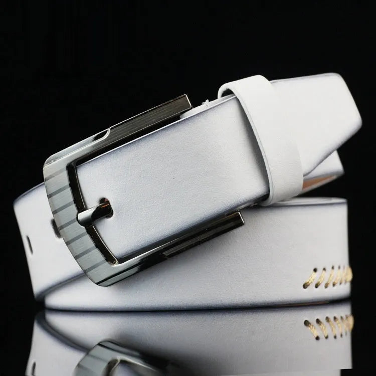 Men's retro-style pin buckle belt in imitation leather with patterned detail, alloy buckle, shown in black colour.