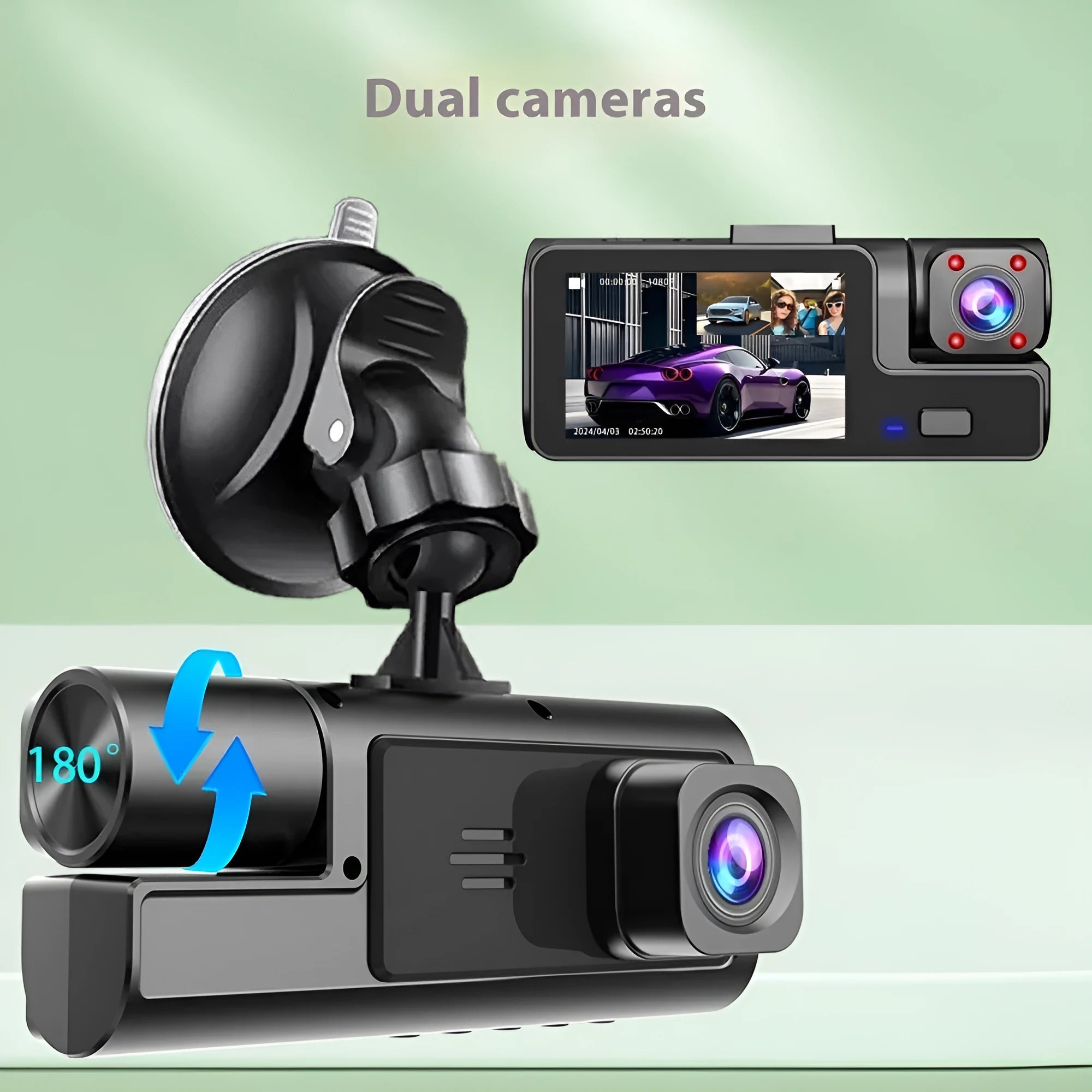 Black WiFi driving recorder with 2-inch screen mounted behind car rear-view mirror
