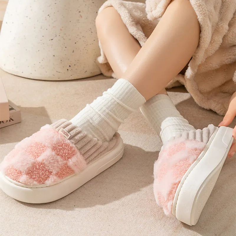 Women's plush house slippers in multiple colours with non-slip soles for indoor autumn and winter wear
