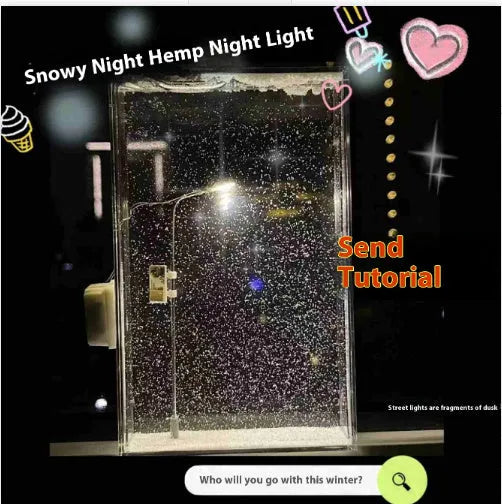 DIY kit components for assembling a snowy landscape night light with LED fairy lights