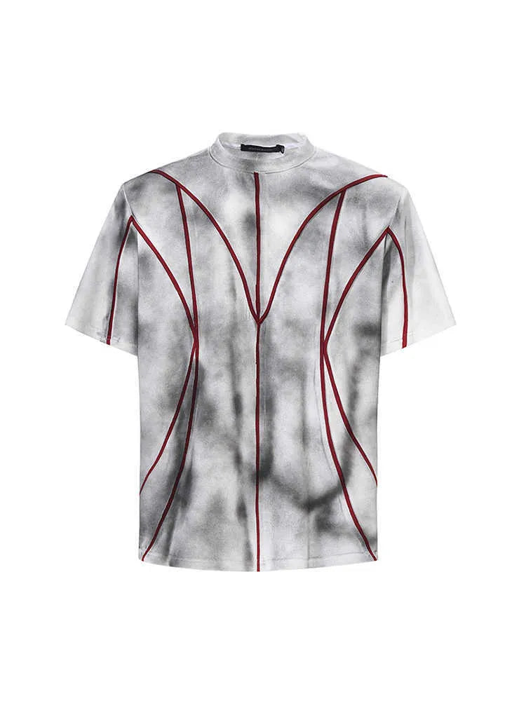 Women's short sleeve T-shirt with padded shoulders and textured line patchwork detail on a round neck.