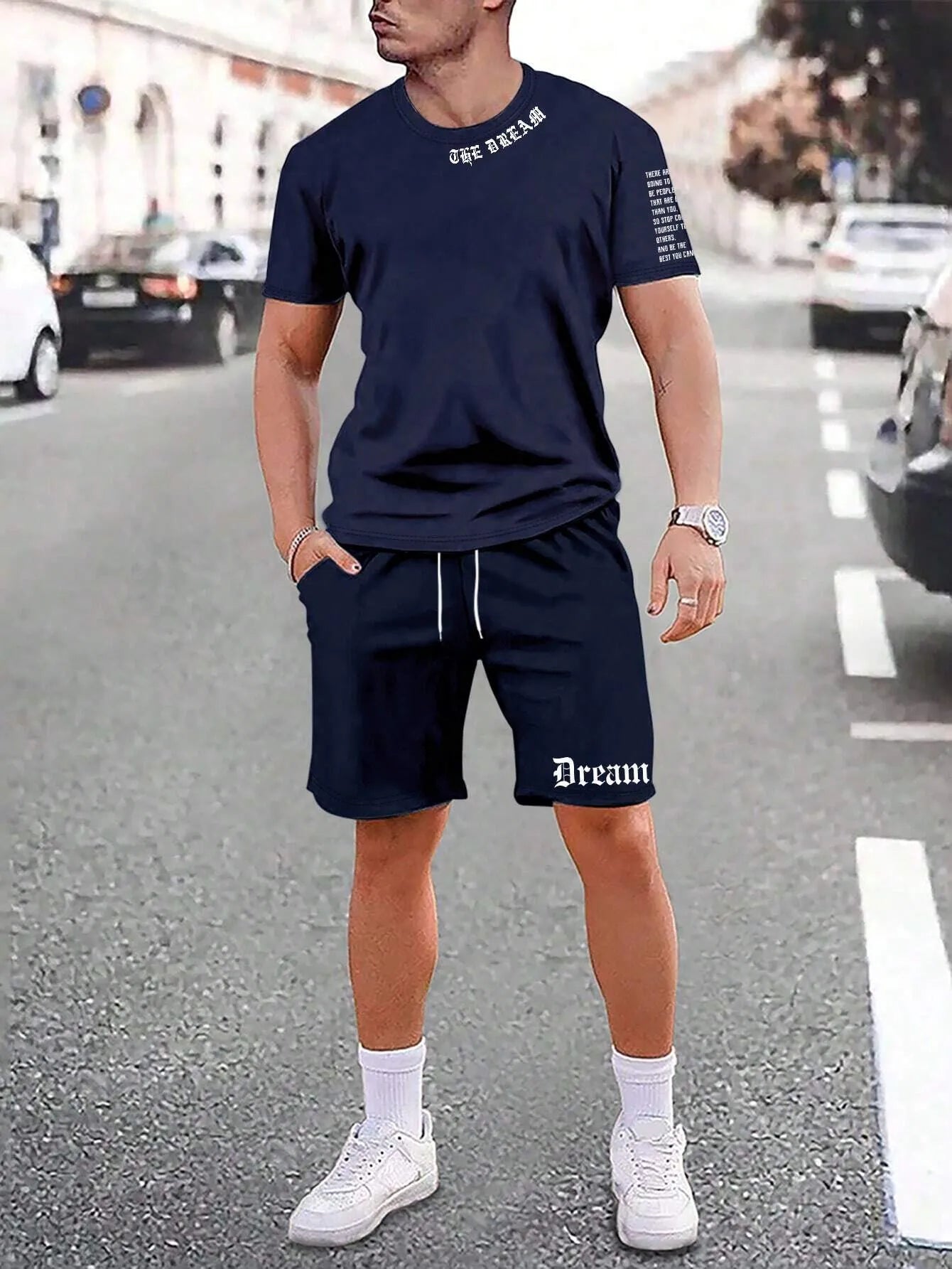 Men's blue sports style short-sleeved top and matching shorts two-piece casual suit set