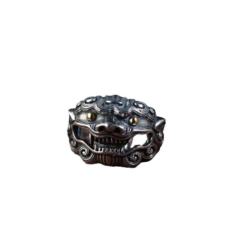 Silver open-ended ring with a raised Domineering Jibeast animal zodiac pattern.