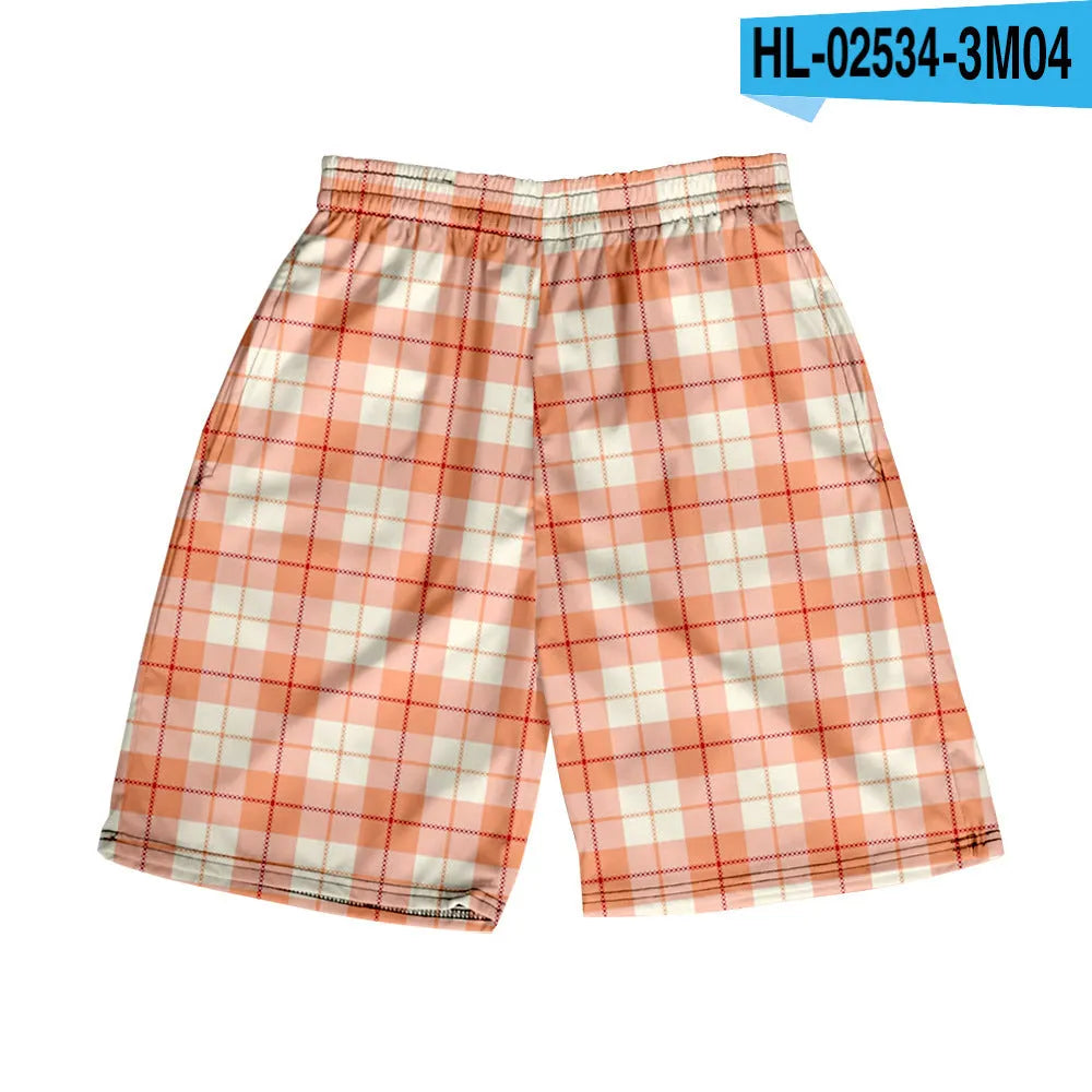 Man wearing straight-leg plaid shorts with an elastic waistband on a beach, showing one of twenty available colour variations.