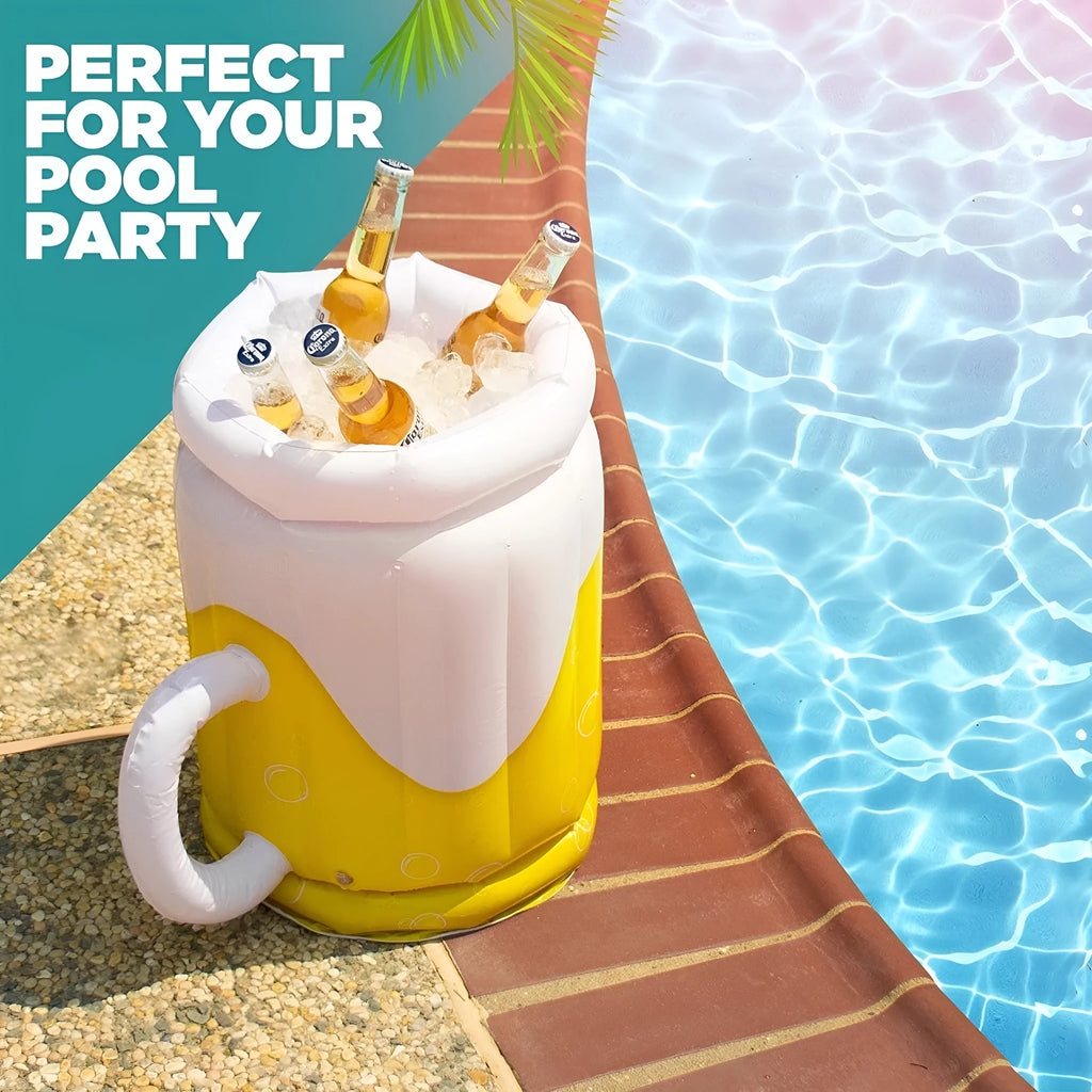 Yellow inflatable beer mug cooler floating in pool with drinks, showing 44cm height