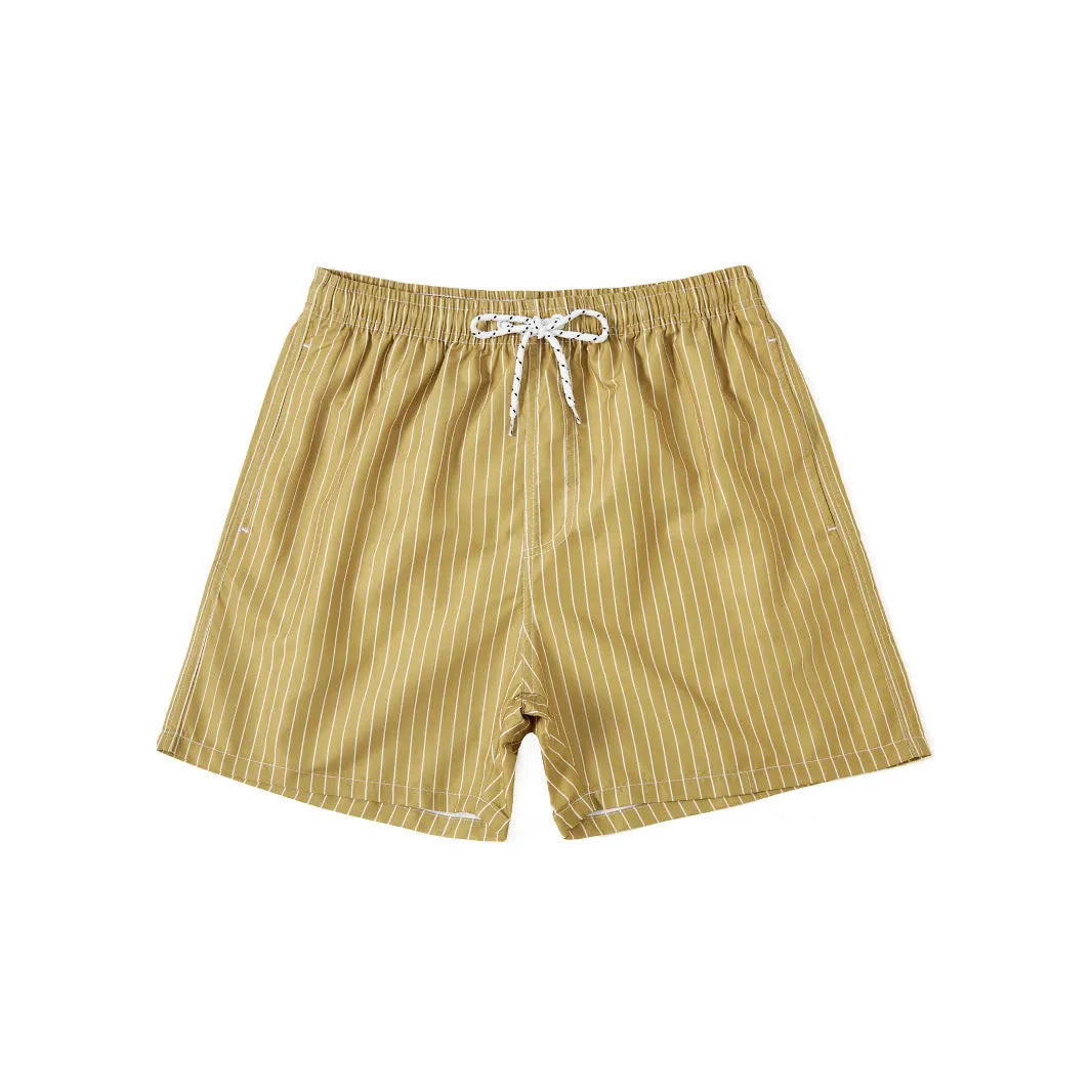 Striped polyester fibre beach shorts with triangle lining in navy blue, straight leg design