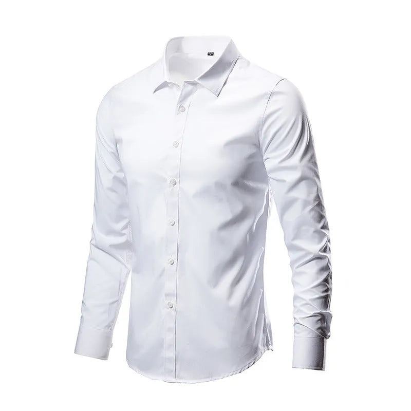 Loose fit long sleeve linen shirt on a hanger, shown in a light colour.
