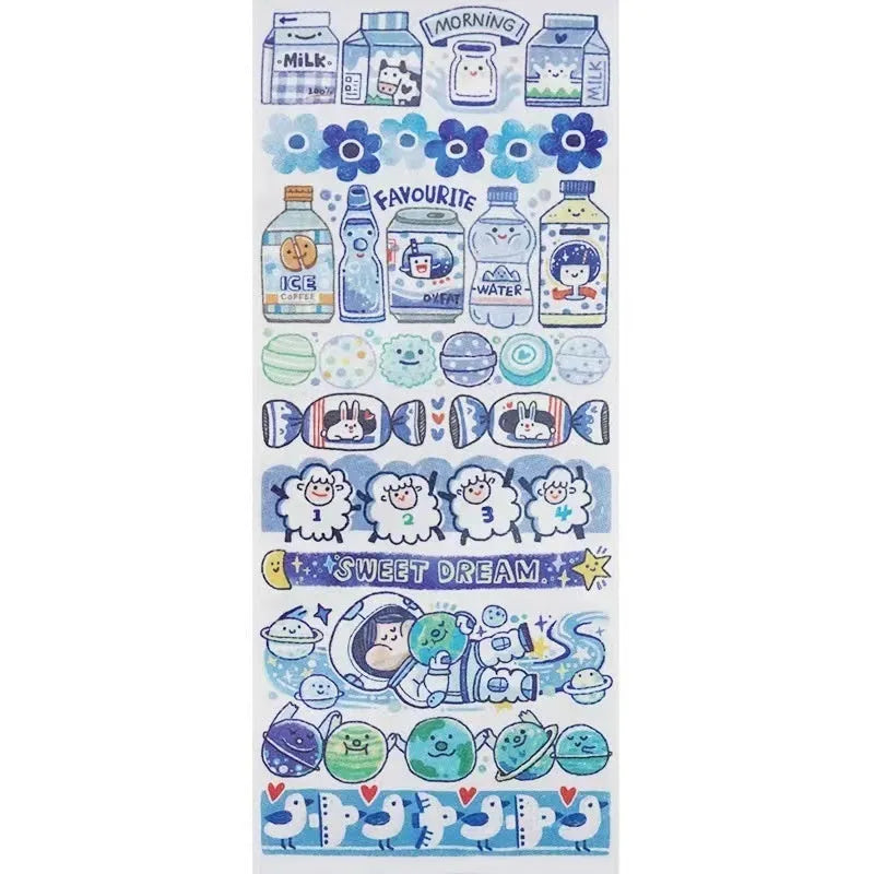 Colourful cartoon character adhesive sticker for sealing haemorrhoid tape packaging on Japanese paper.