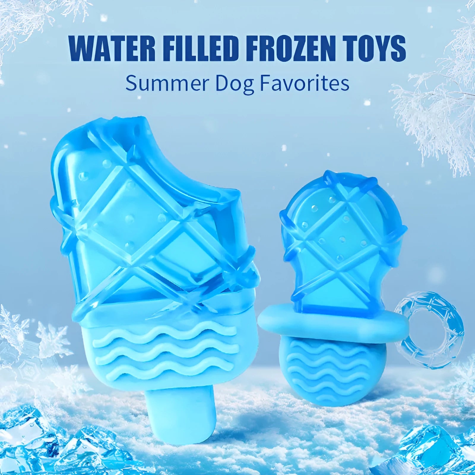 Set of three water-filled dog cooling toys in pacifier, popsicle and ring shapes