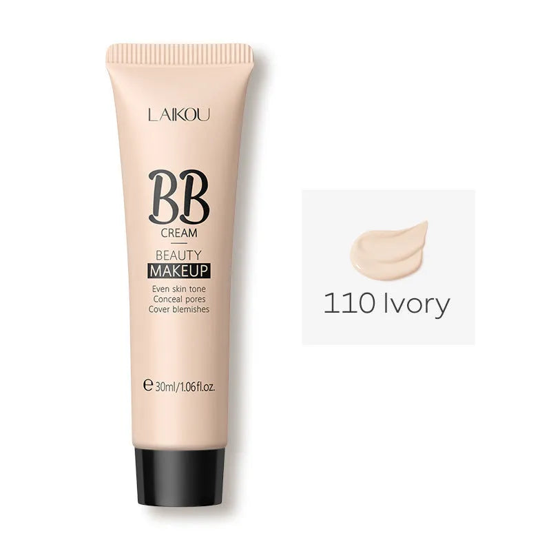 30ml tube of BB cream shown with swatches of its nine shades from light to dark.