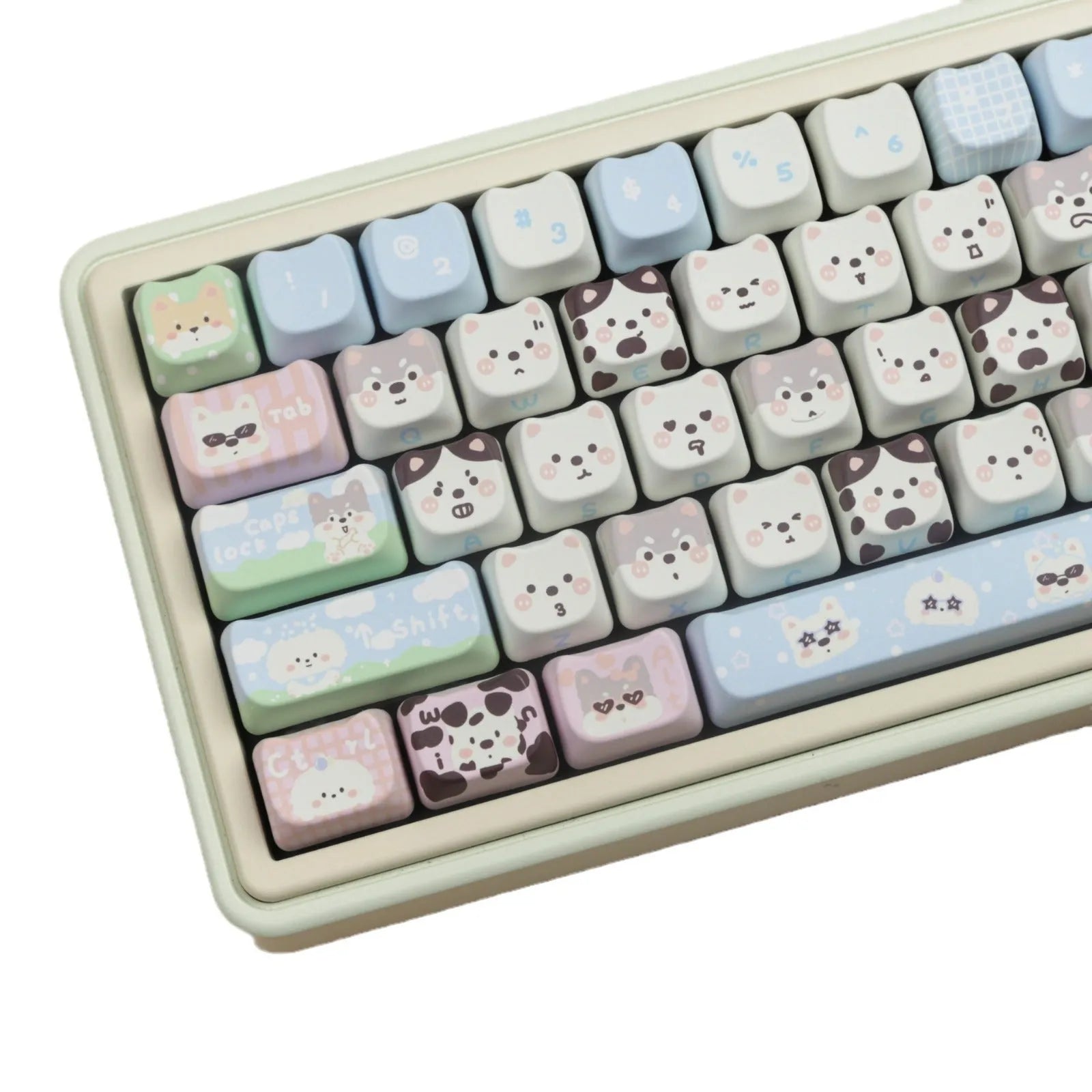 Full set of colourful anime puppy design PBT keycaps for a mechanical keyboard on a white background.