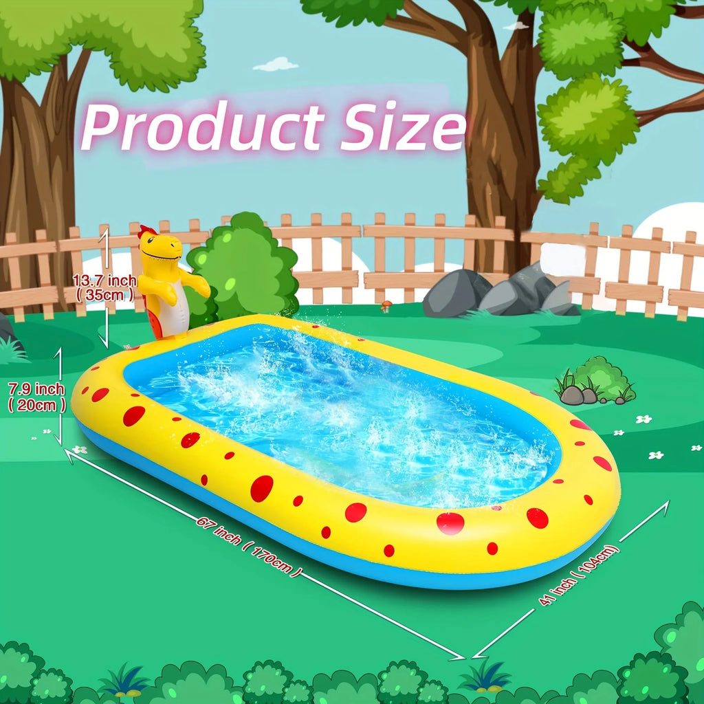 Blue dinosaur inflatable water spray pool measuring 170cm long with water play features