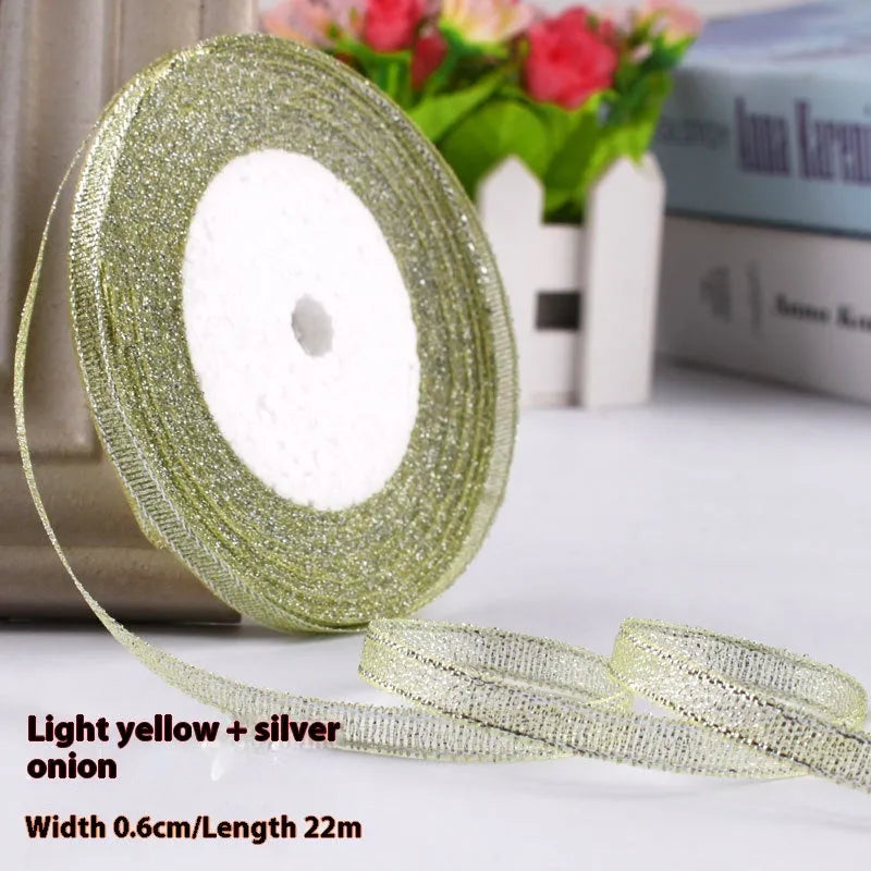 Roll of narrow 0.6cm wide polyester gift ribbon in a multicolour pattern.