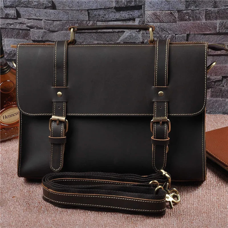 Men's genuine cowhide crazy horse leather handbag, dark brown, 13 inch, with lock closure and plain retro design