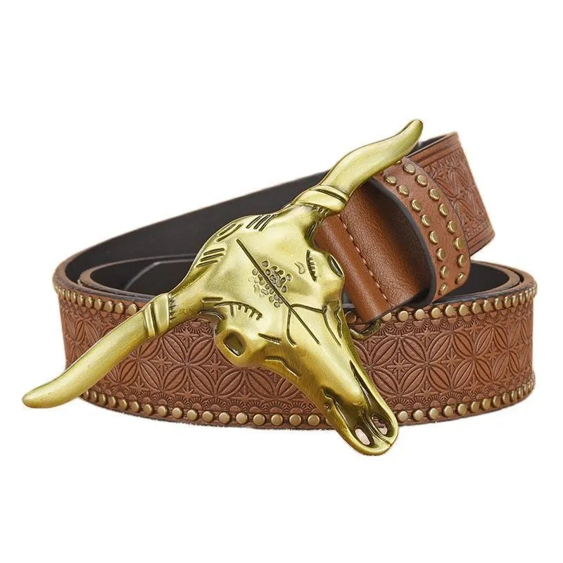 Men's cowhide faux leather belt with embossed rivets and alloy buckle in brown finish