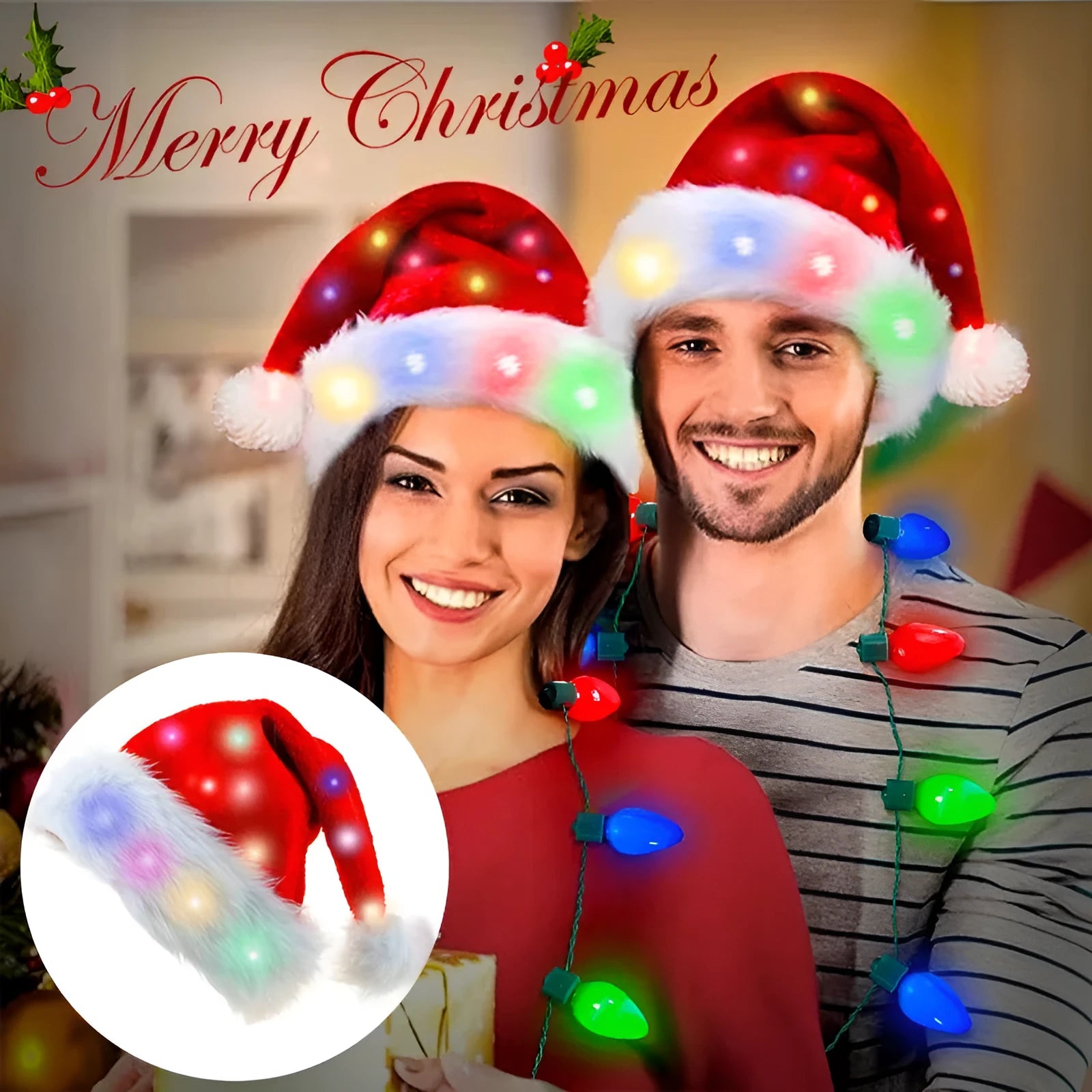 Red and white plush Santa hat with integrated multi-colour LED lights glowing