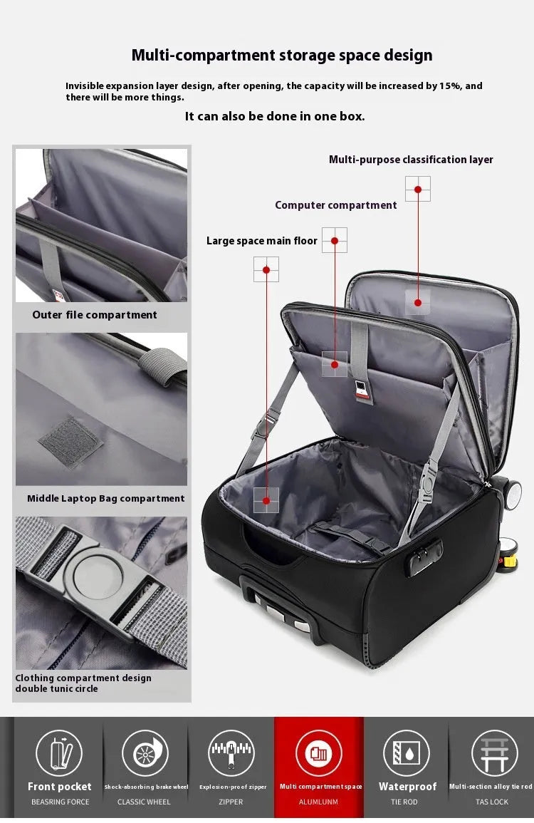 18-inch black Oxford cloth business suitcase with universal wheels for travel