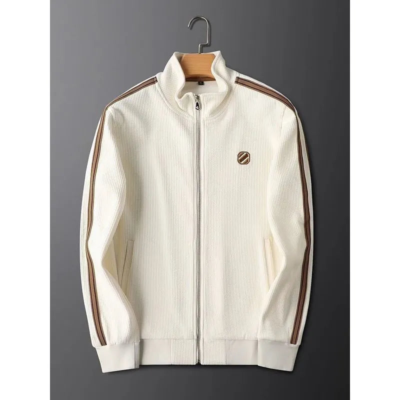 Men's brown synthetic fibre blend striped sportswear set with long-sleeve jacket and long pants