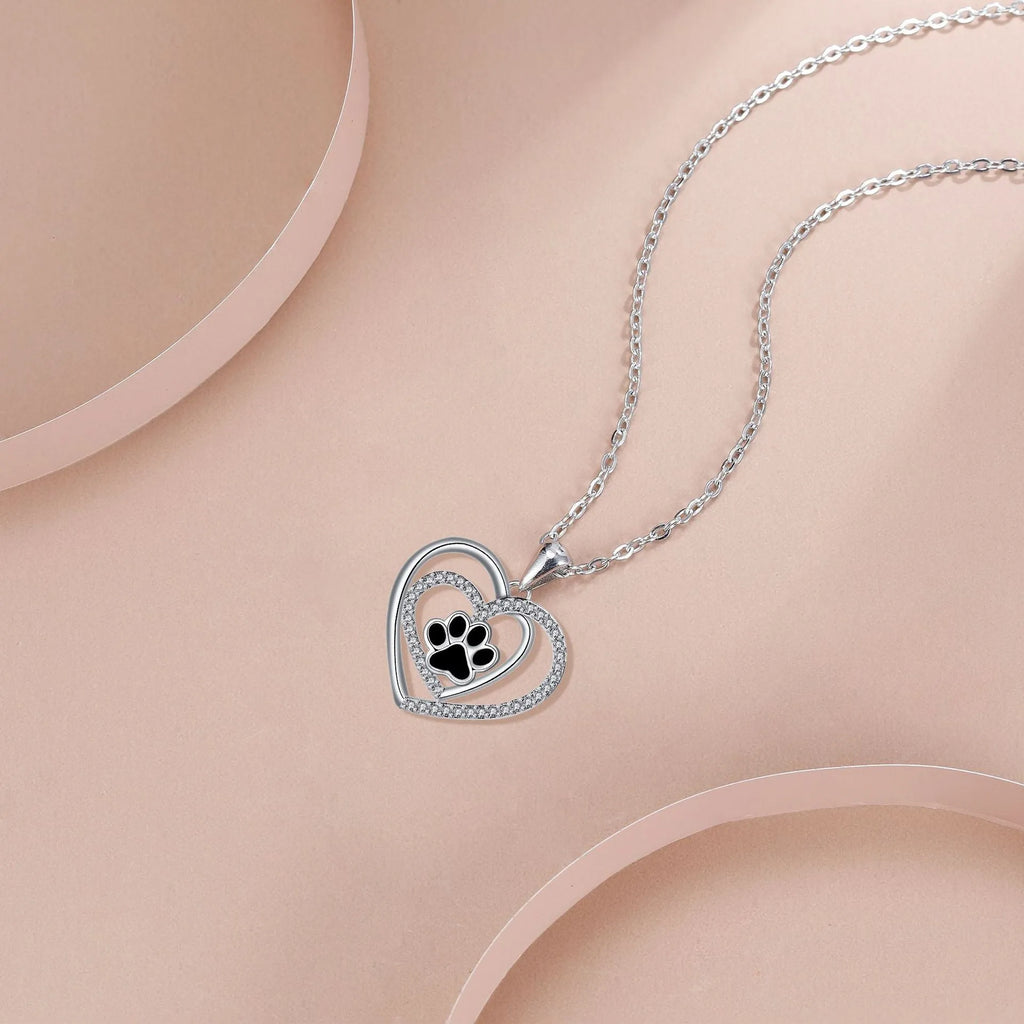 Women's dog paw prints heart necklace with copper pendant and cross chain in electroplated finish
