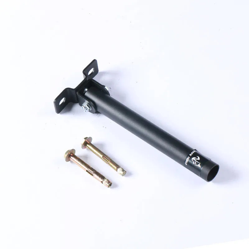 Steel wall-mounted rack with 25 tubes for storing barbell rods.