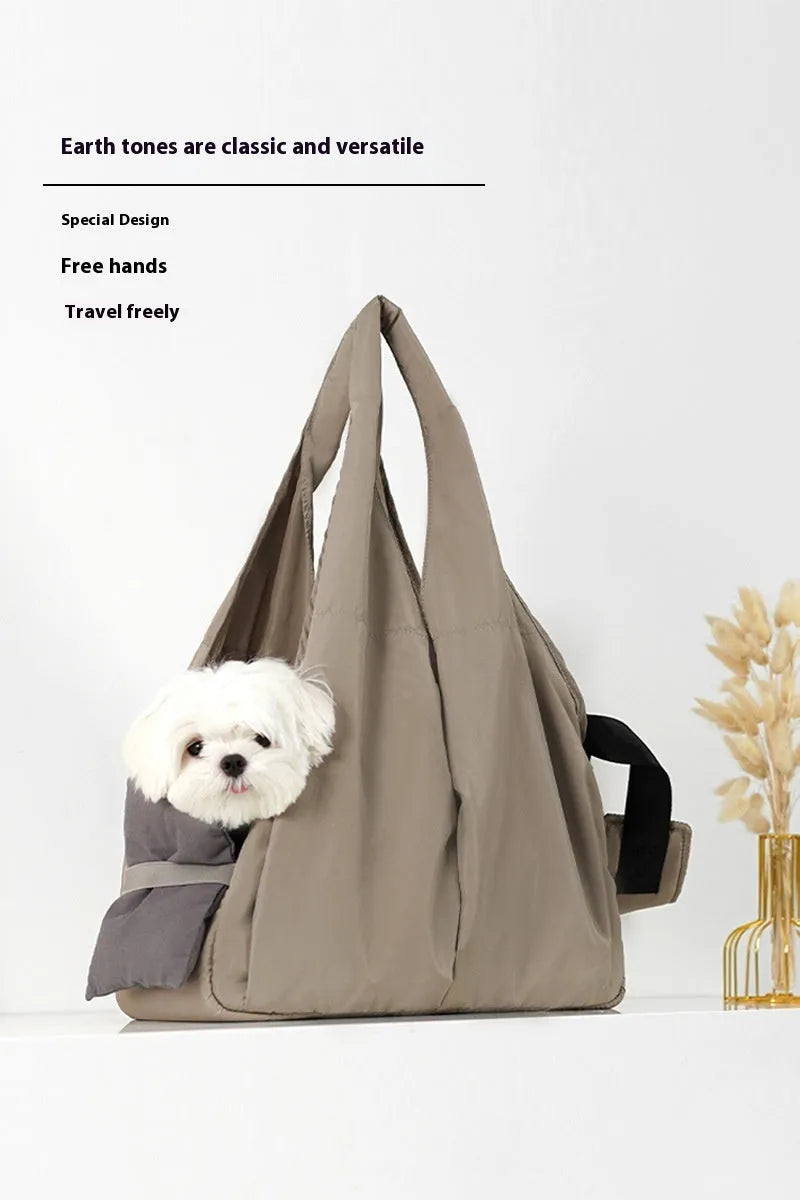 Apricot-coloured cloth pet carrier bag with shoulder strap, medium size for small dogs and cats