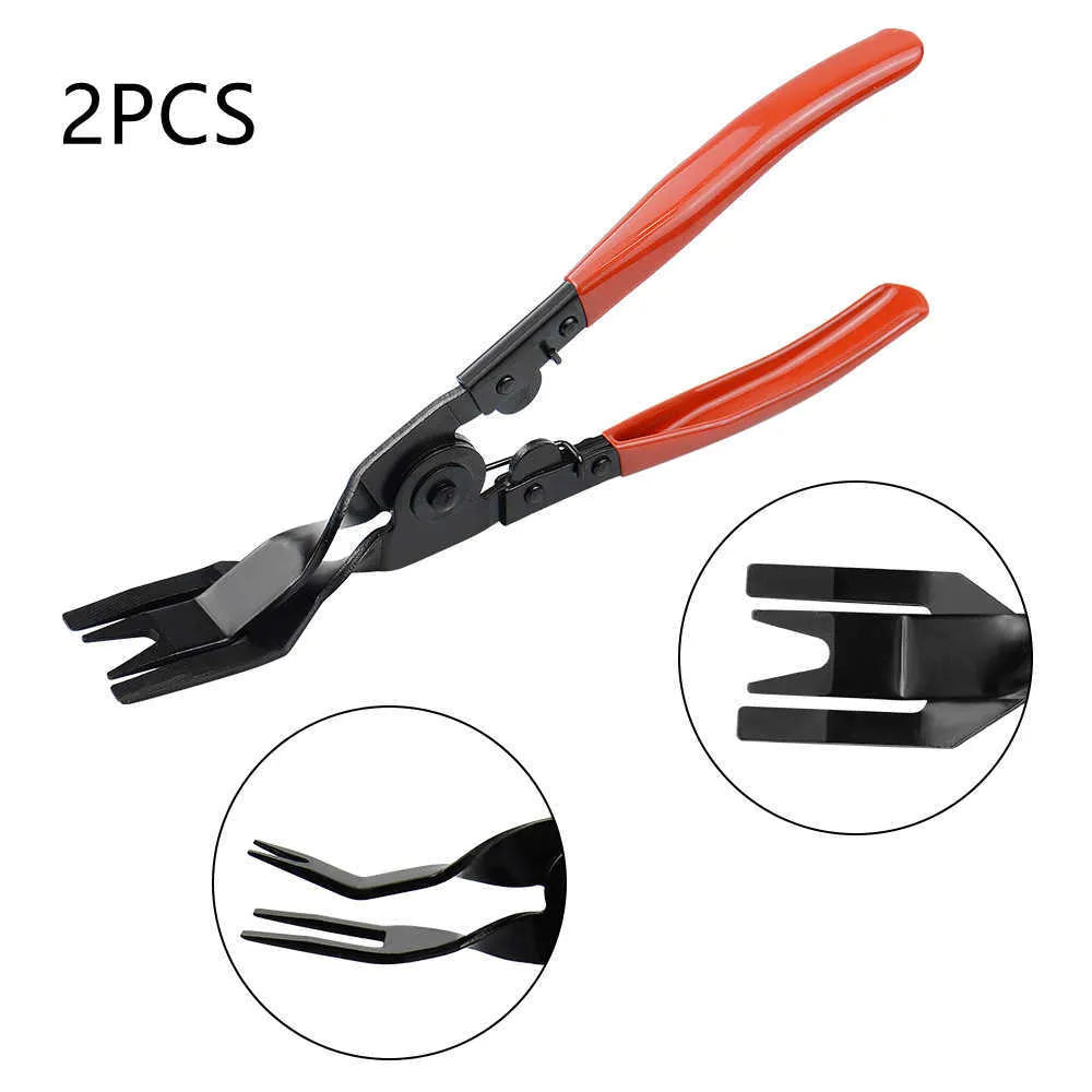 Red-handled steel pliers for automotive door panel clip fastening on GM vehicles.