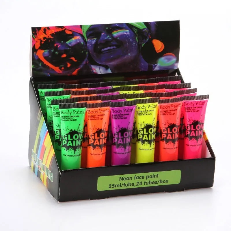 25ml tube of bright neon green face and body paint with safe non-toxic label.