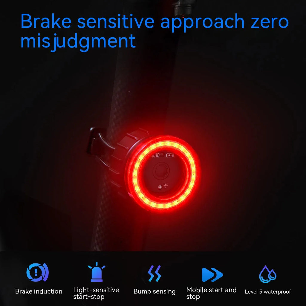 Black intelligent induction brake taillight for bicycles with aluminium alloy casing and mounting brackets.