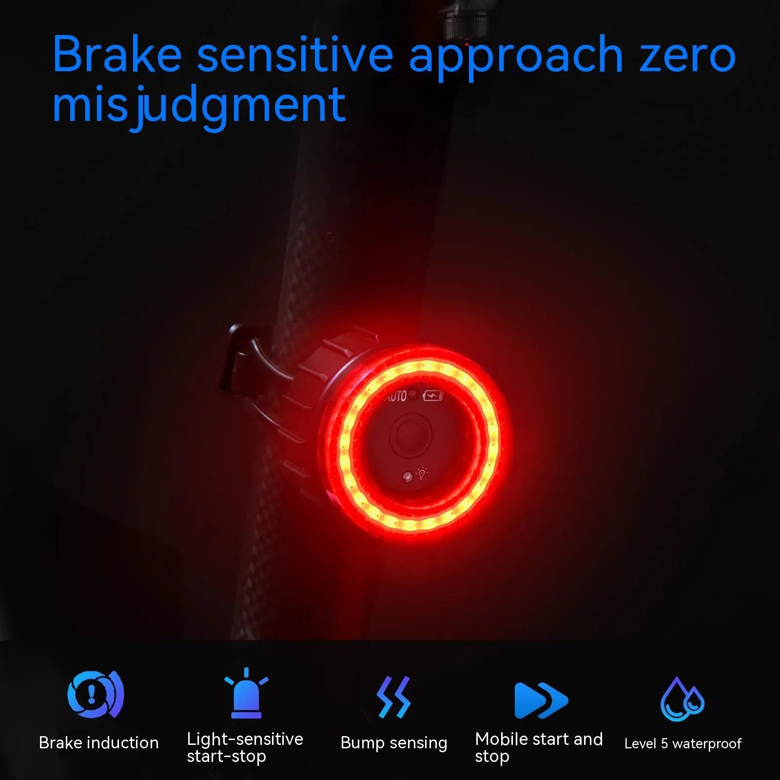 Black intelligent induction brake taillight for bicycles with aluminium alloy casing and mounting brackets.