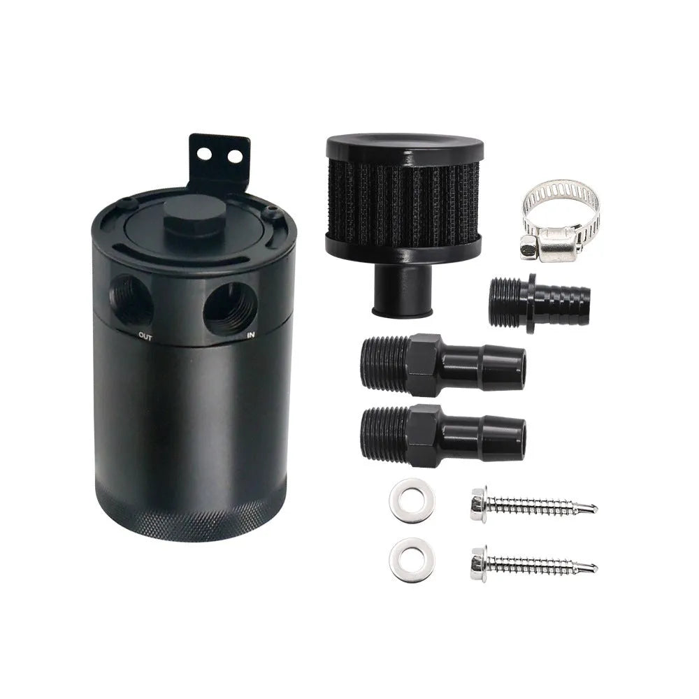 Black aluminium two-hole automotive oil pot with connectors and mounting hardware