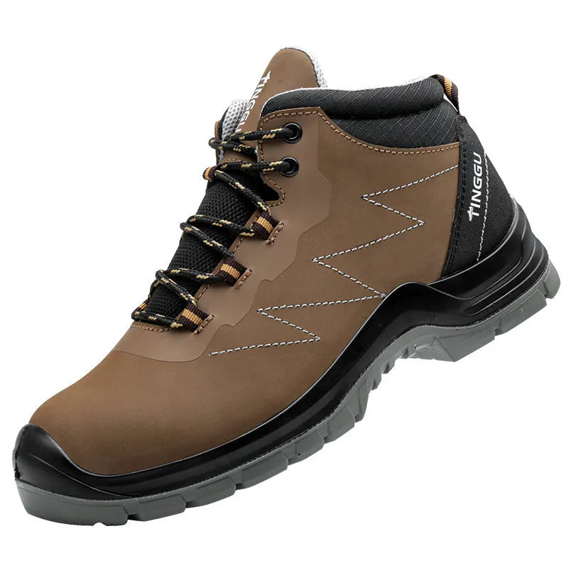 Pair of thick wear-resistant non-slip breathable lightweight steel toe shoes in black cowhide high-top style