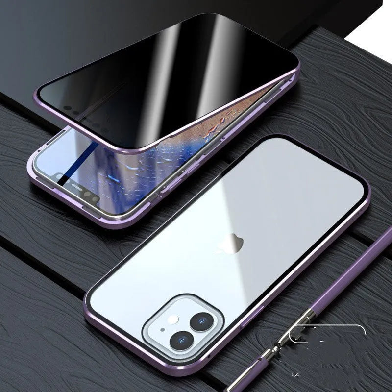Black magnetic flip phone case with anti-peep screen for iPhone, showing metal frame.