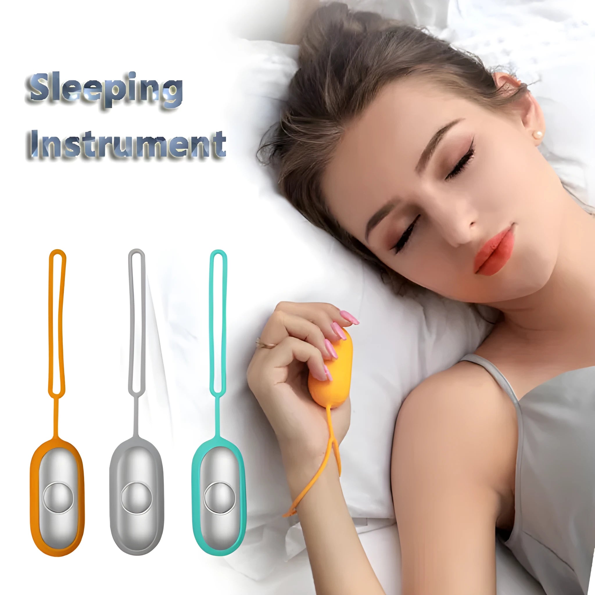 Handheld micro-current sleep aid device in grey, green, or orange colours with USB charging cable