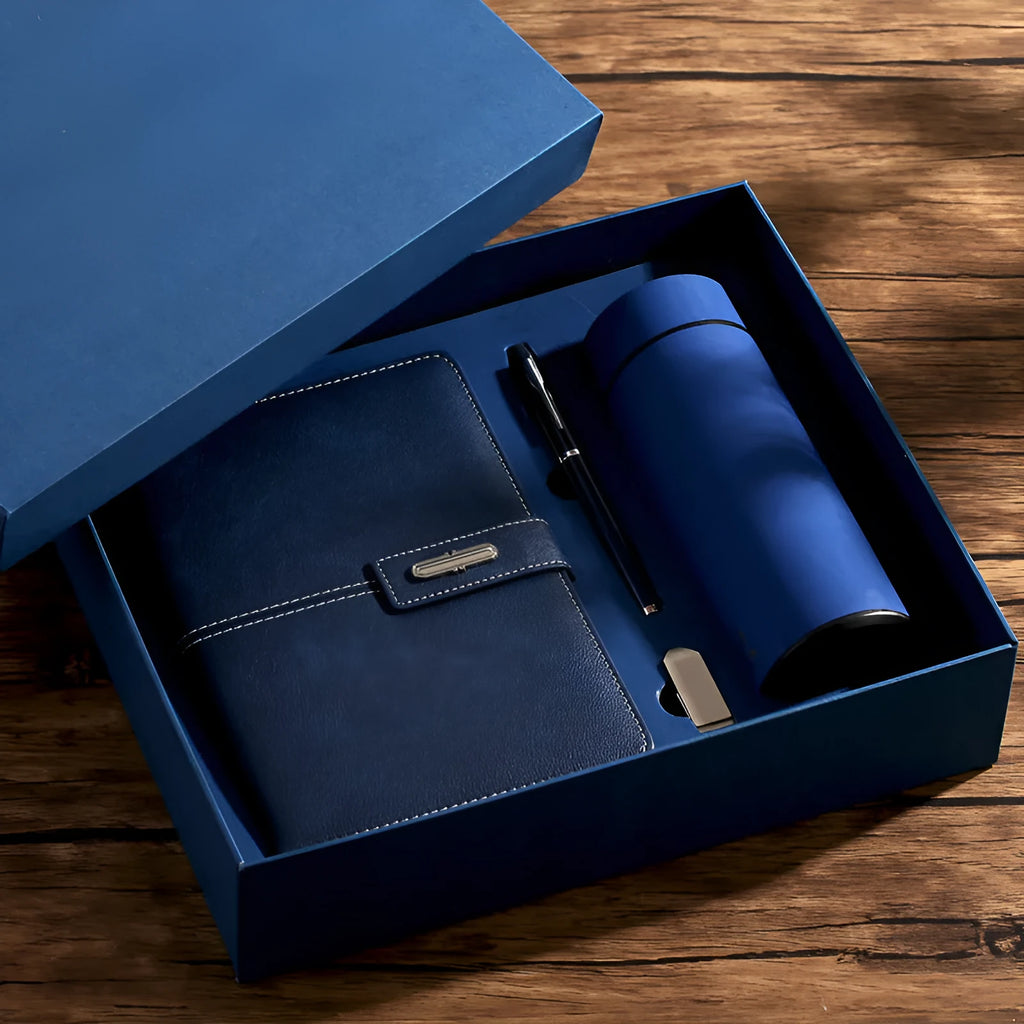 A5 notebook with PU leather cover in choice of colour, shown open on wood-free paper pages.