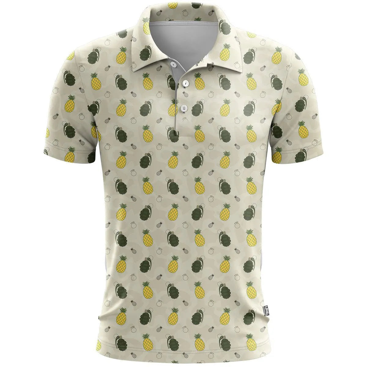 Man's loose-fit 3D printed short sleeve T-shirt in bird eye cloth polyester, showing colour and pattern detail.