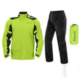 Black motorcycle rain suit with split raincoat, rain trousers, hidden shoe covers, and storage bag laid out
