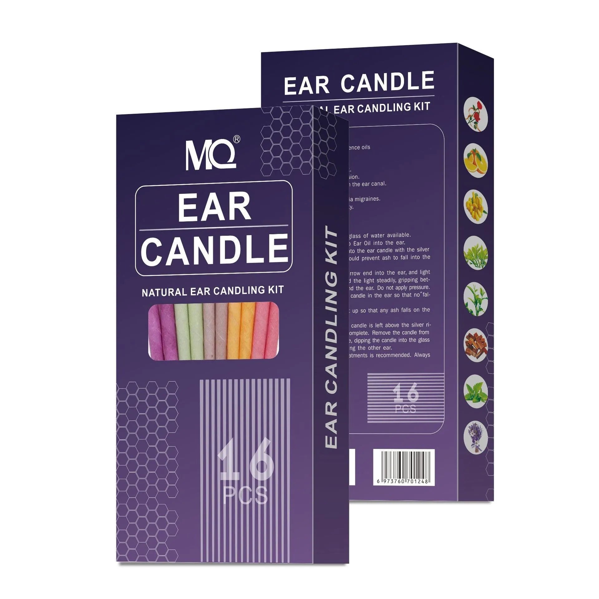MQ Horn ear candle set with 16 candles, 8 protection boards, 16 swabs in eight colours for health massage